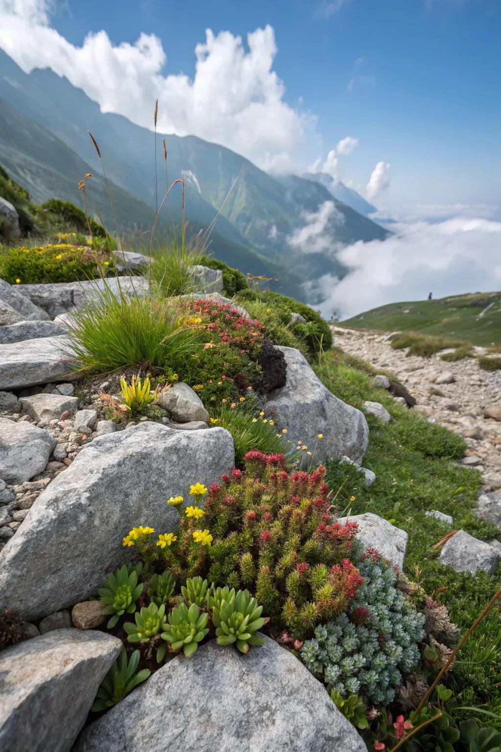 Alpine plants thriving in their rocky habitat.