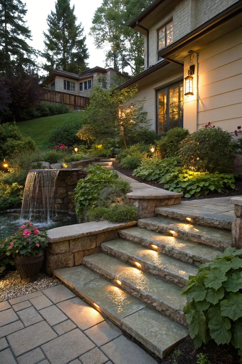 A cascading water feature adds tranquility to your entrance.