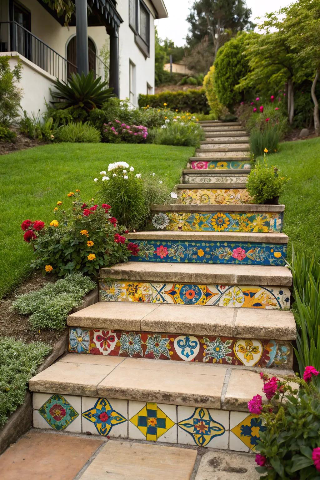 Colorful tiles add a playful and personal touch to your steps.