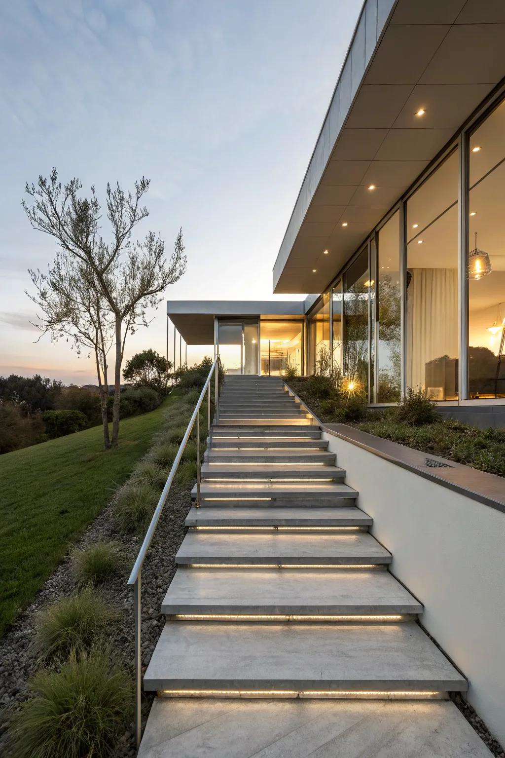 Metal steps provide a sleek, modern edge to any entrance.