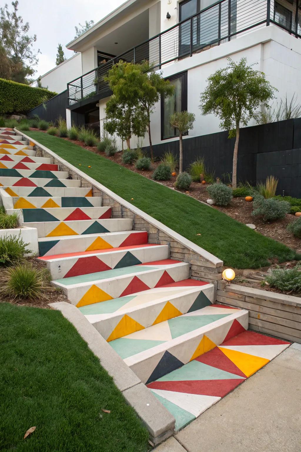 Geometric patterns on steps add an artistic flair to your entrance.