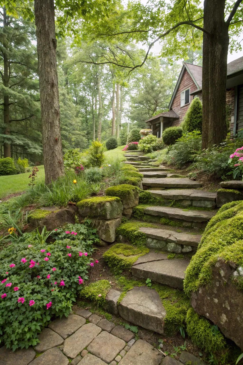 Natural stone steps offer a rustic charm that complements any home.