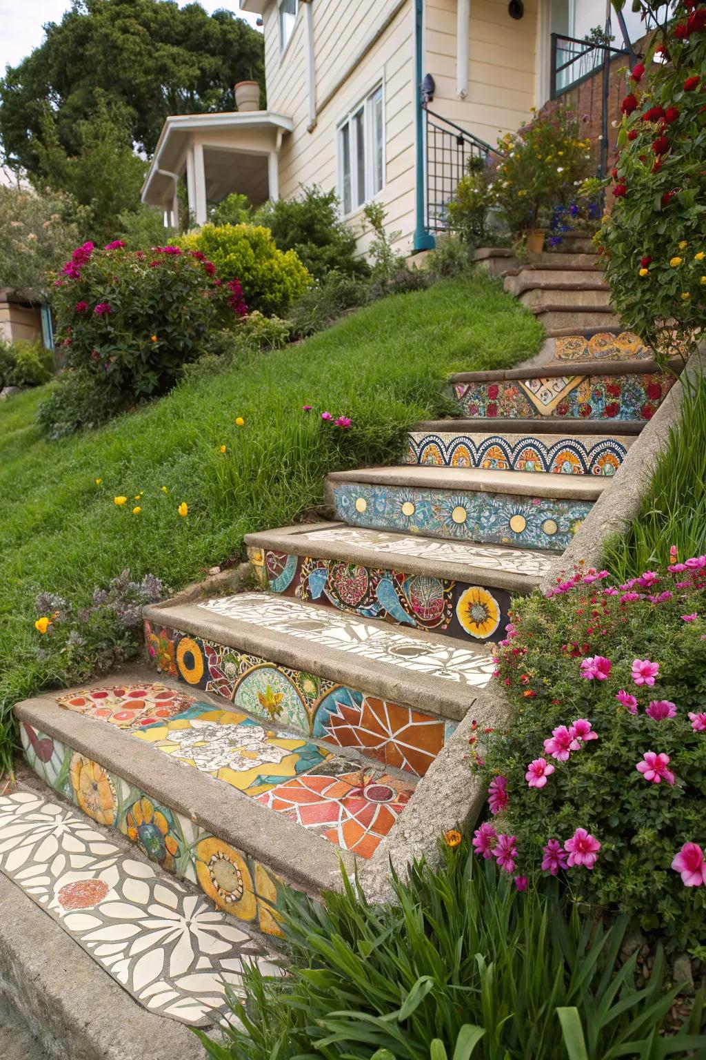 Mosaic steps add artistic flair and uniqueness to your home.