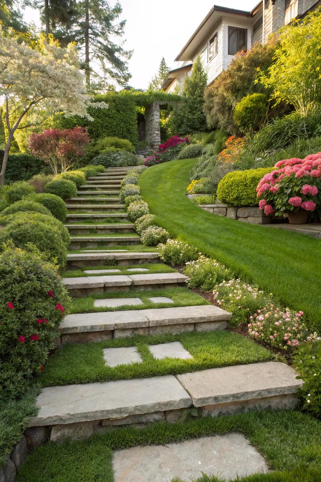 Grass inlays on steps create an eco-friendly and stylish look.