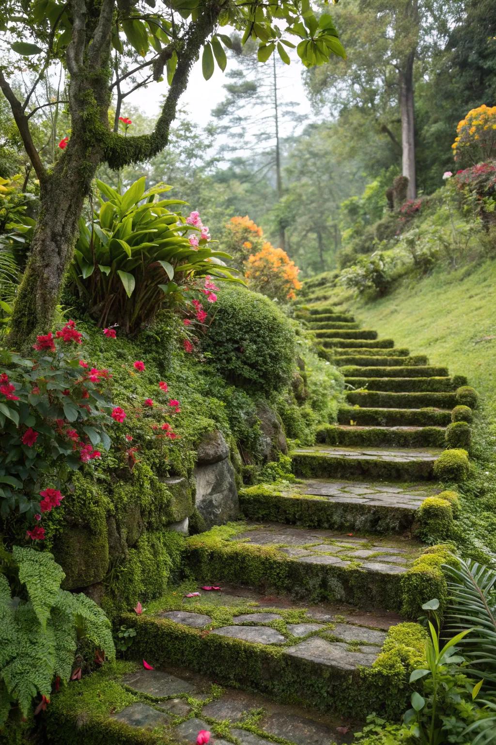 Greenery layered steps create a lush and inviting entrance.