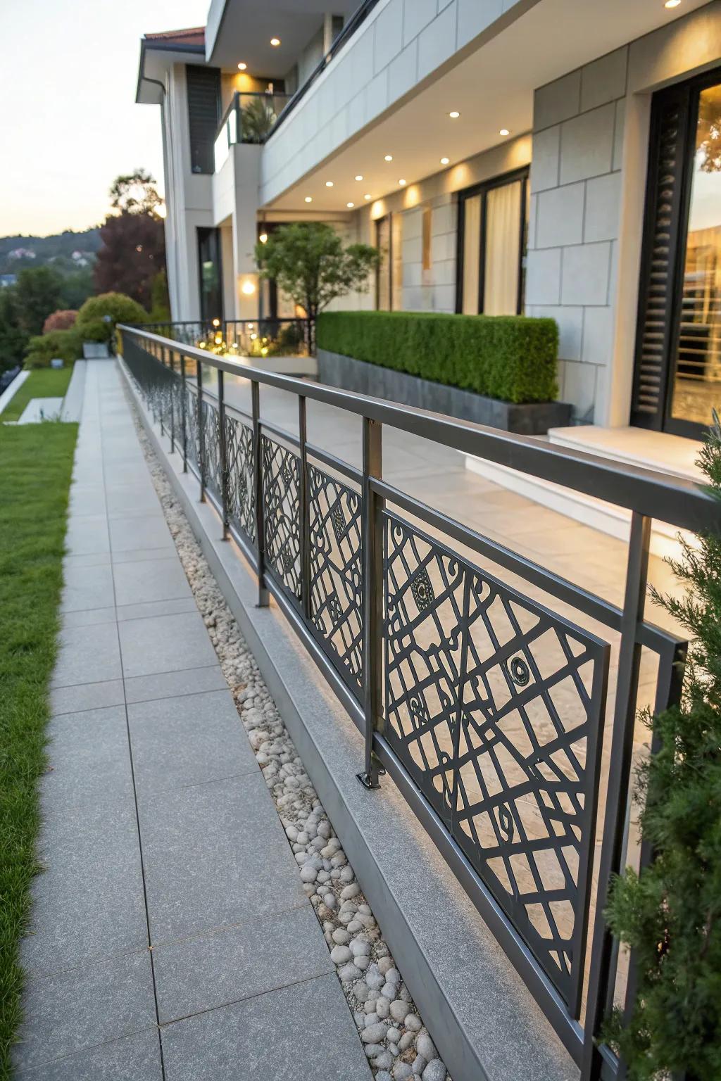 Sleek metal railing with geometric patterns adds elegance.
