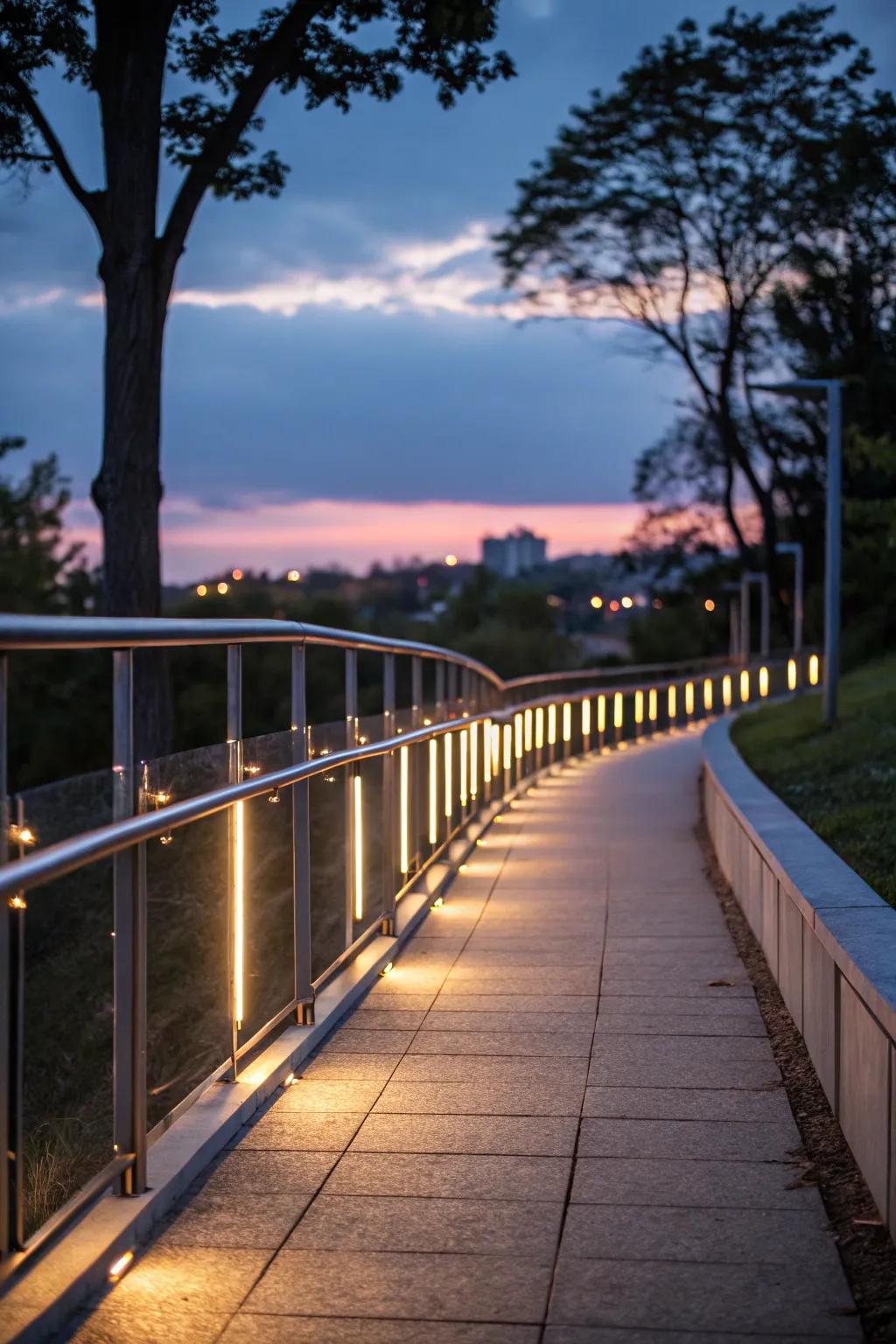 Illuminated railings add a magical evening glow.
