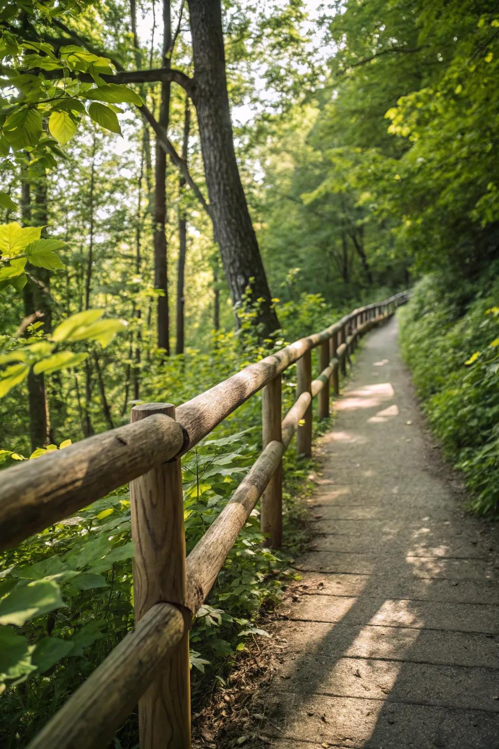 Rustic wooden railings blend seamlessly with nature.