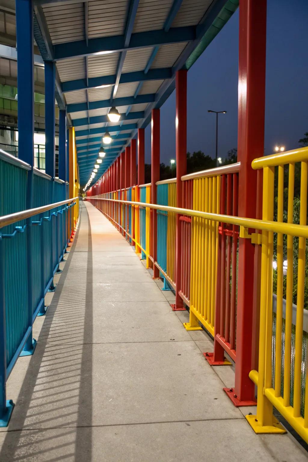 Colorful railings create a striking visual feature.