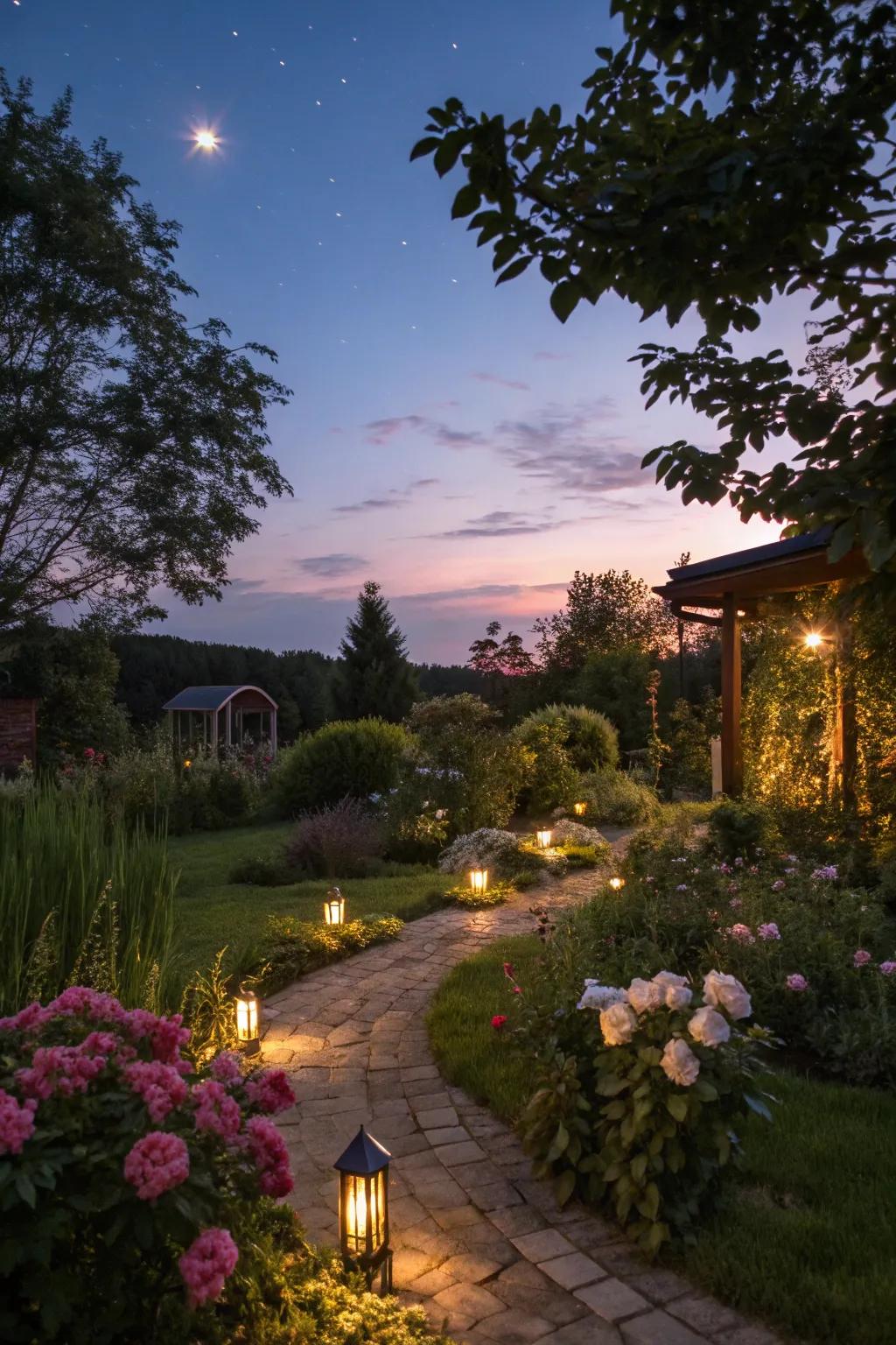 Lighting brings out the beauty of the garden, even at night.