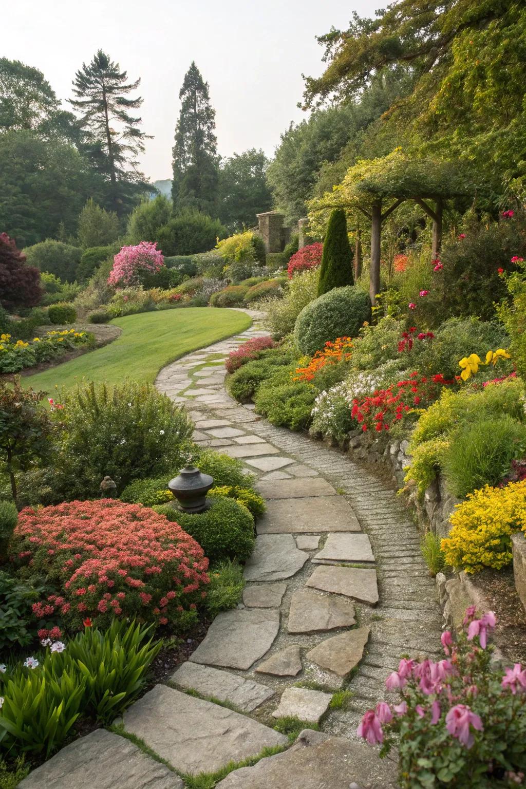 Curved pathways guide positive energy through the garden.