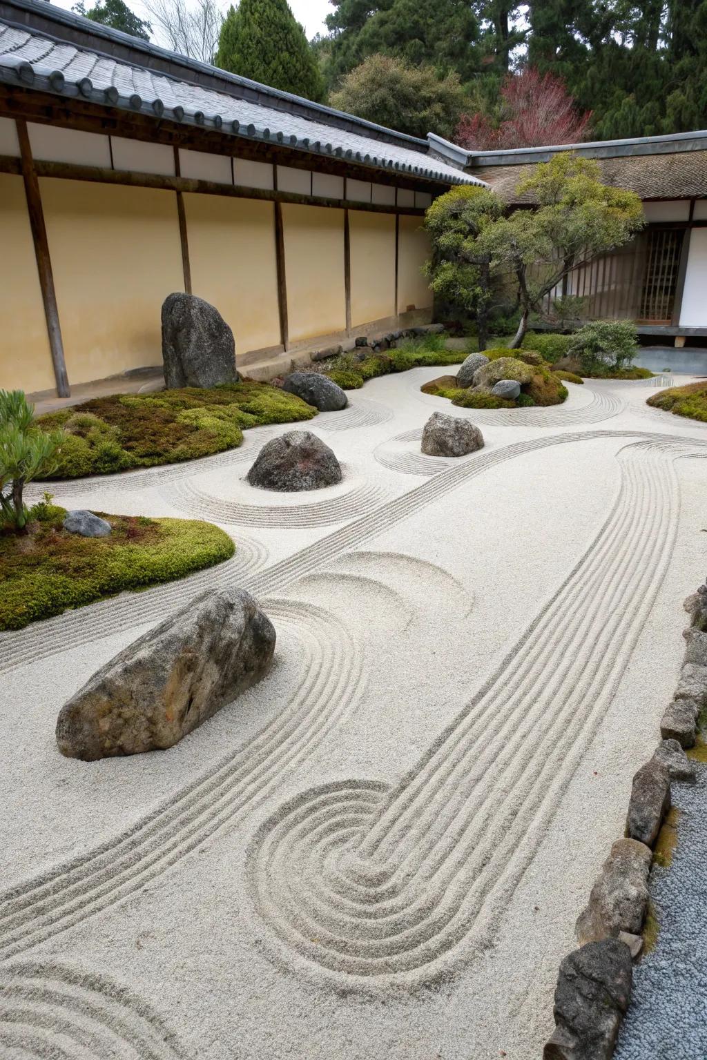 A zen garden offers a peaceful retreat for meditation.