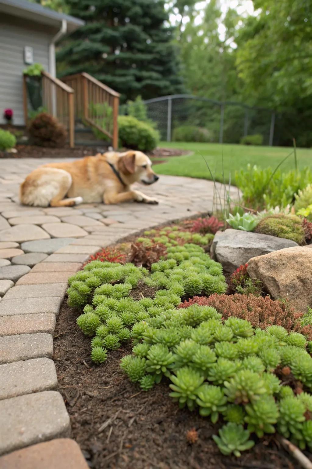 Dog resting near miniature stonecrop