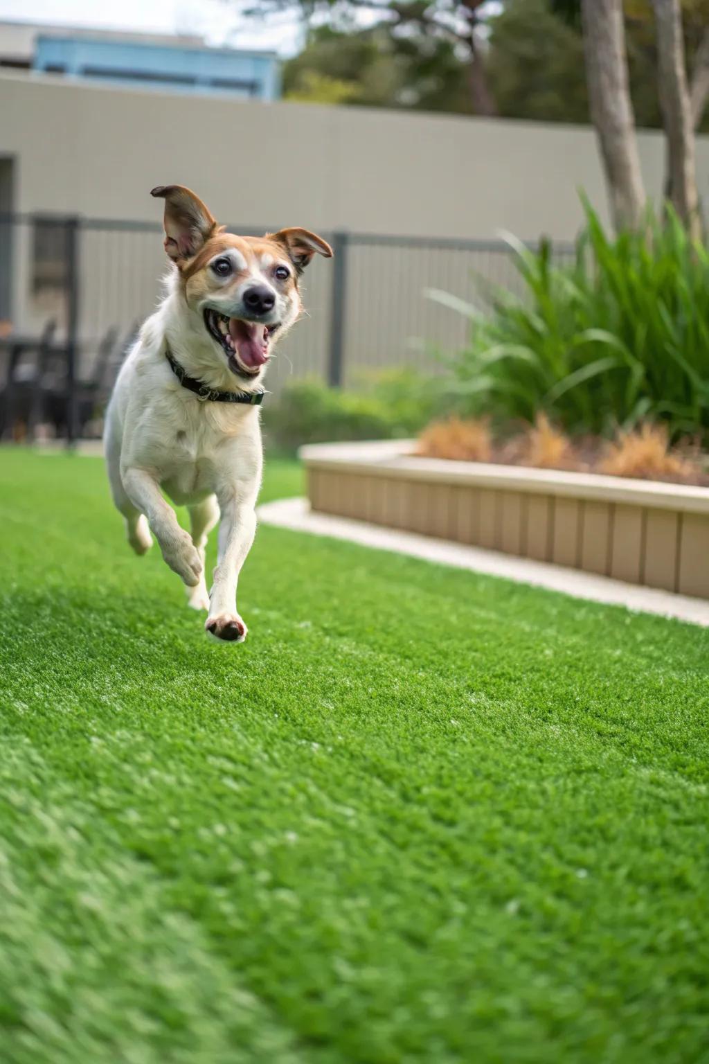 Dog enjoying a lush artificial turf lawn