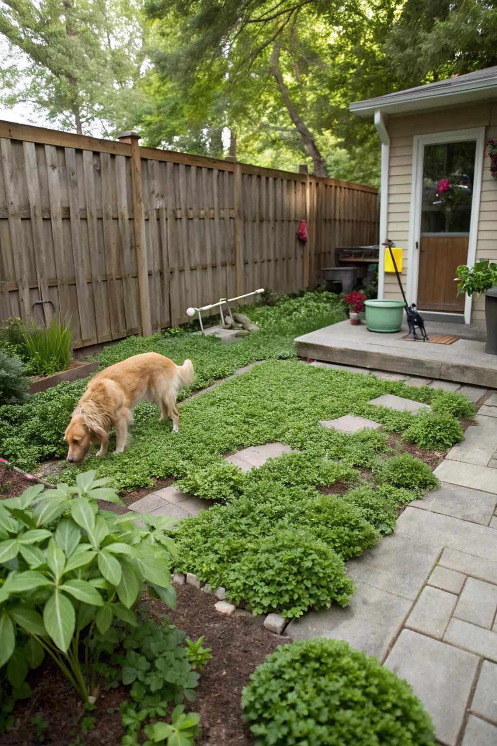 Dog exploring an eco-friendly backyard