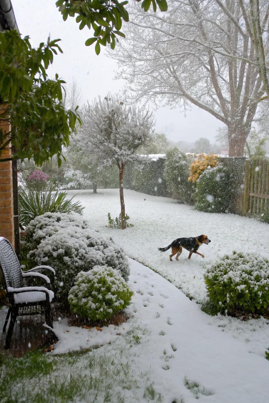 Dog running through snow in summer ground cover
