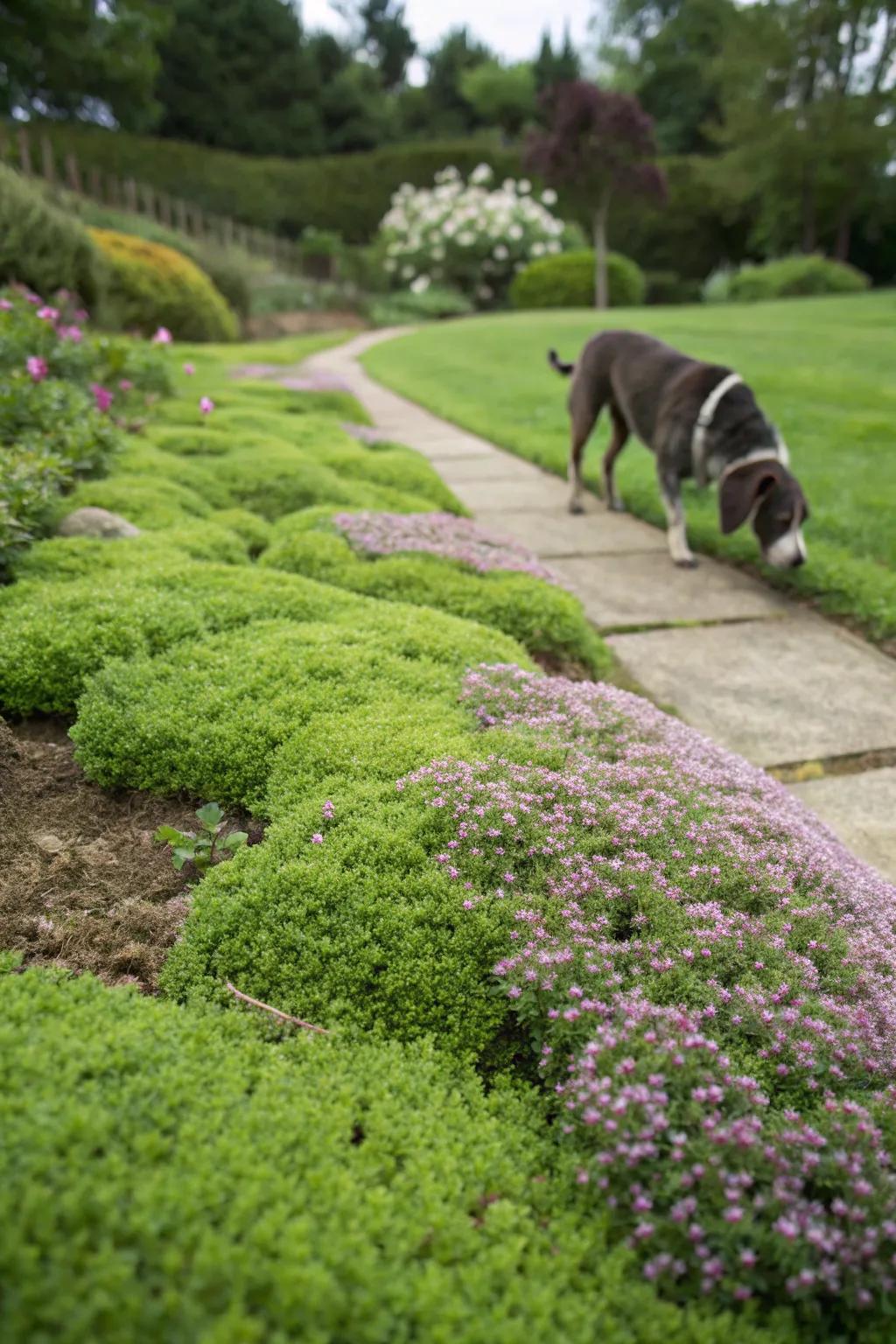 Dog exploring elfin thyme ground cover