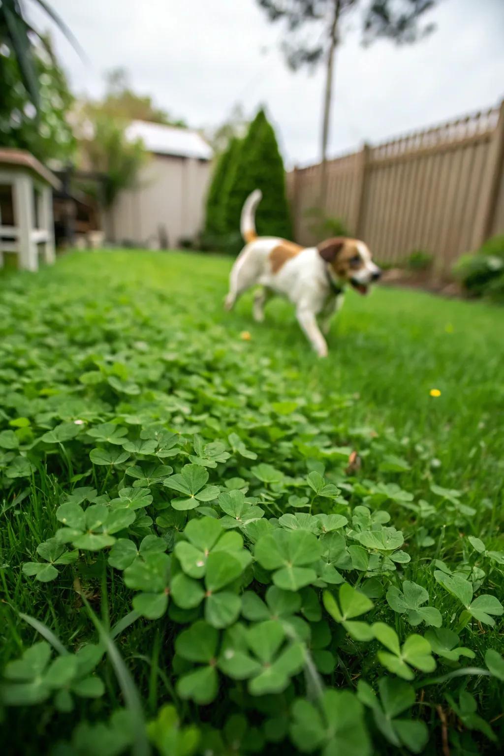 Dog exploring a clover-filled yard