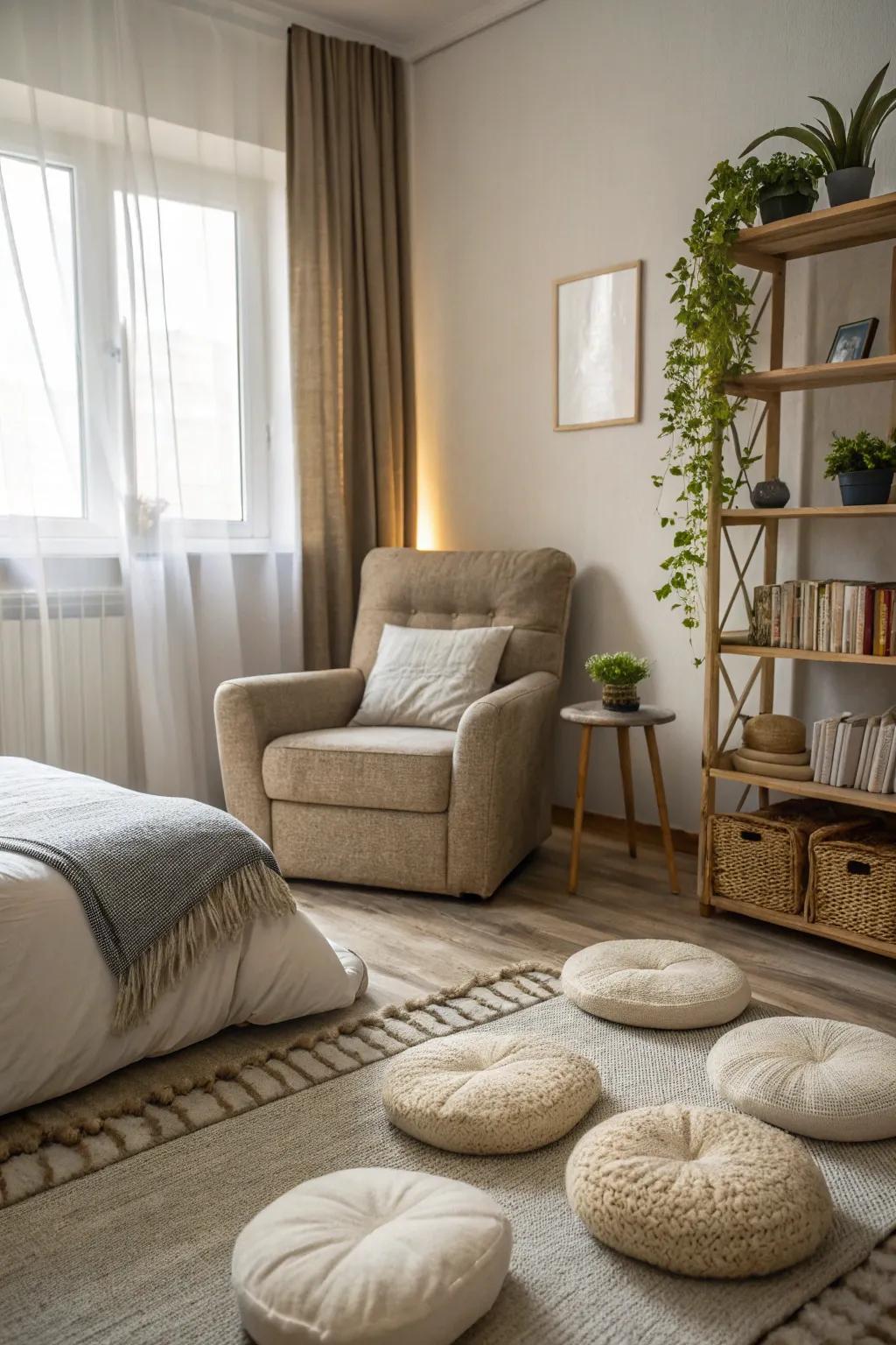 A relaxation corner invites peace and meditation.