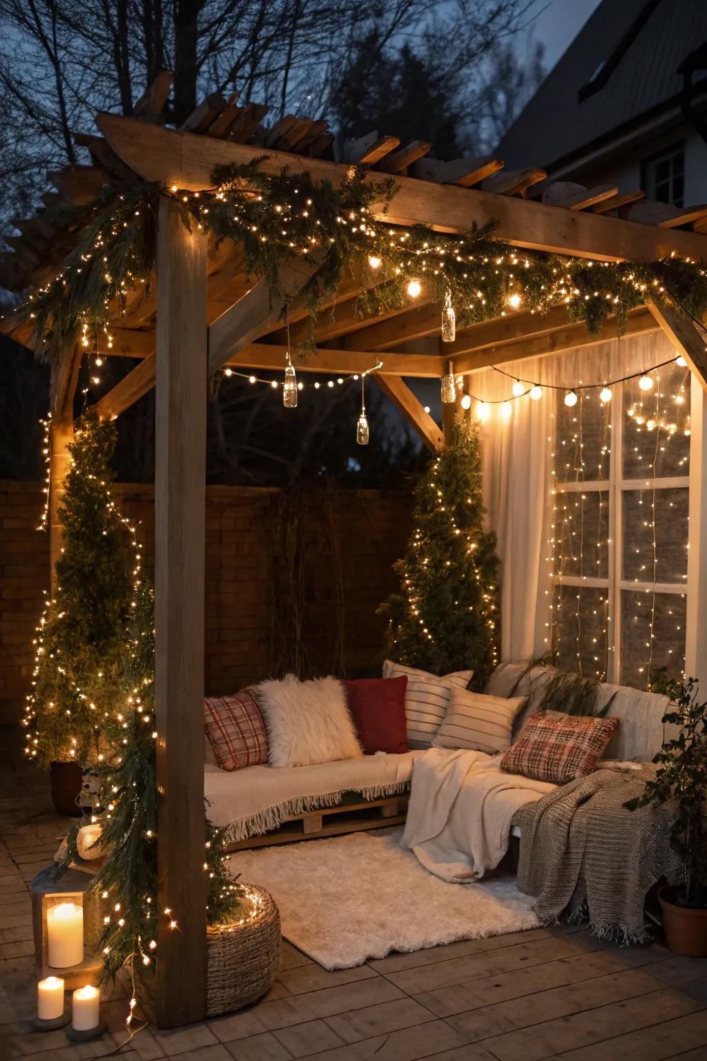Escape to a cozy, festive nook surrounded by greenery.