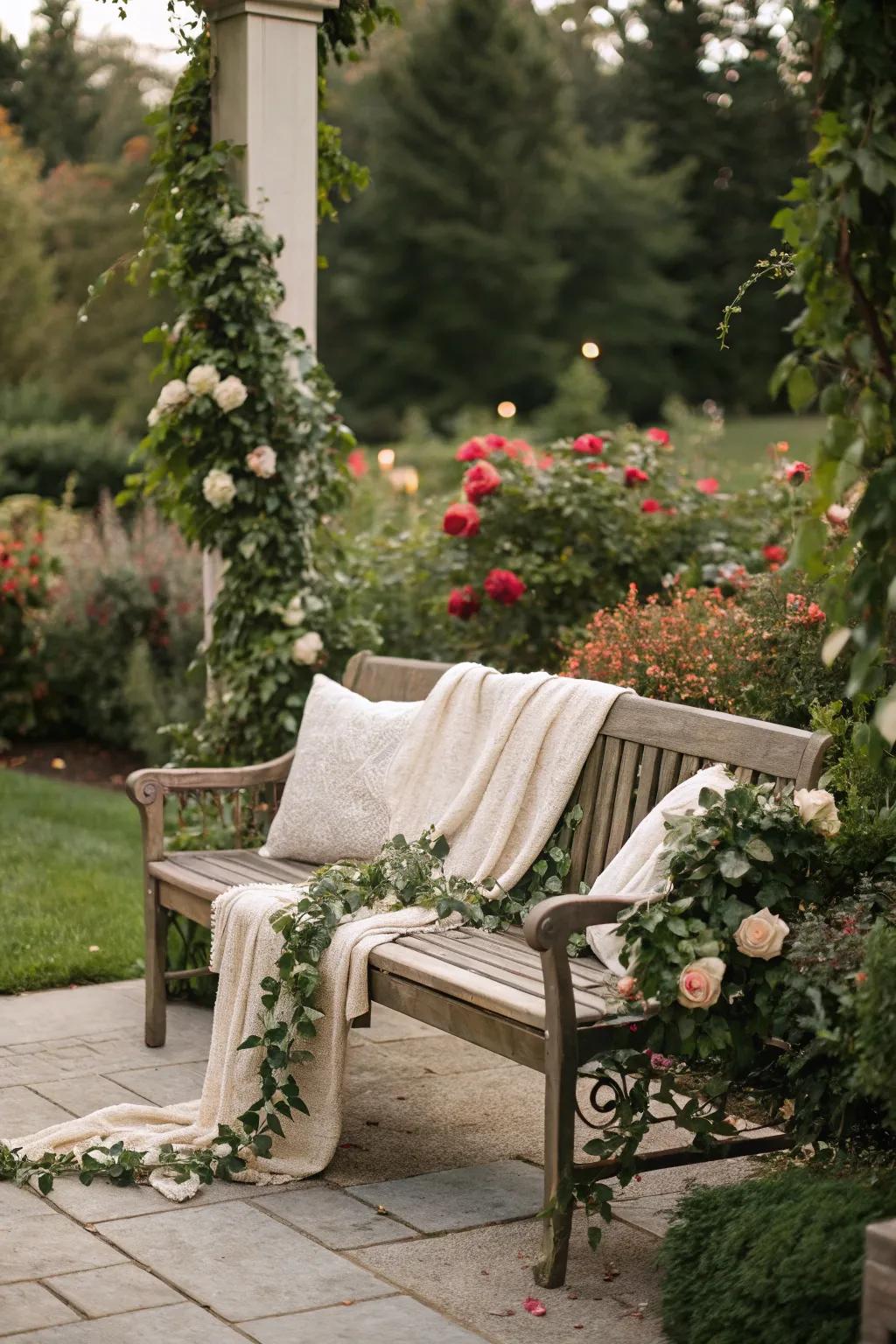 Enhance outdoor seating with a touch of festive greenery.