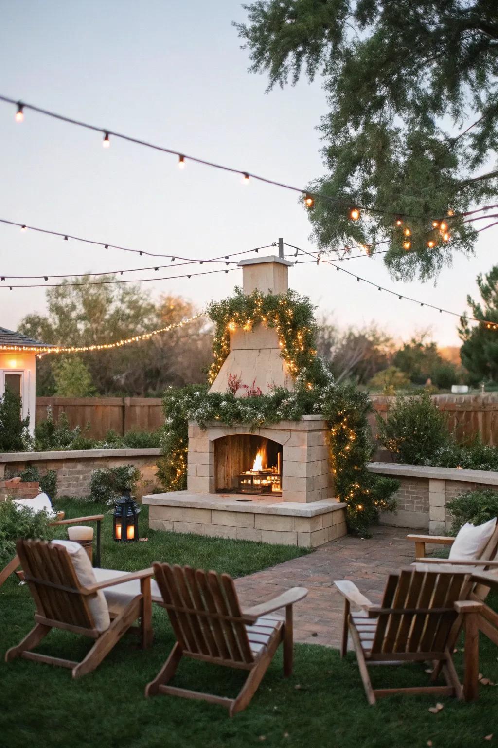 Gather around a festively framed outdoor fireplace.