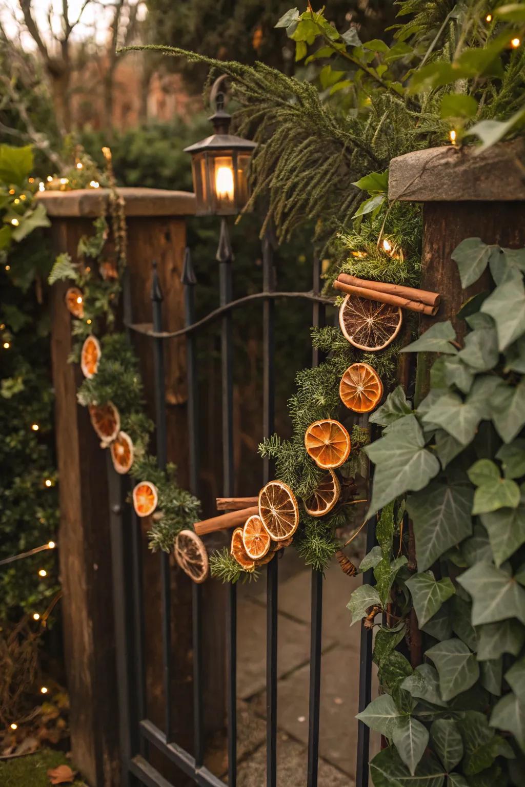 Welcome guests with a rustic, aromatic garden gate decoration.
