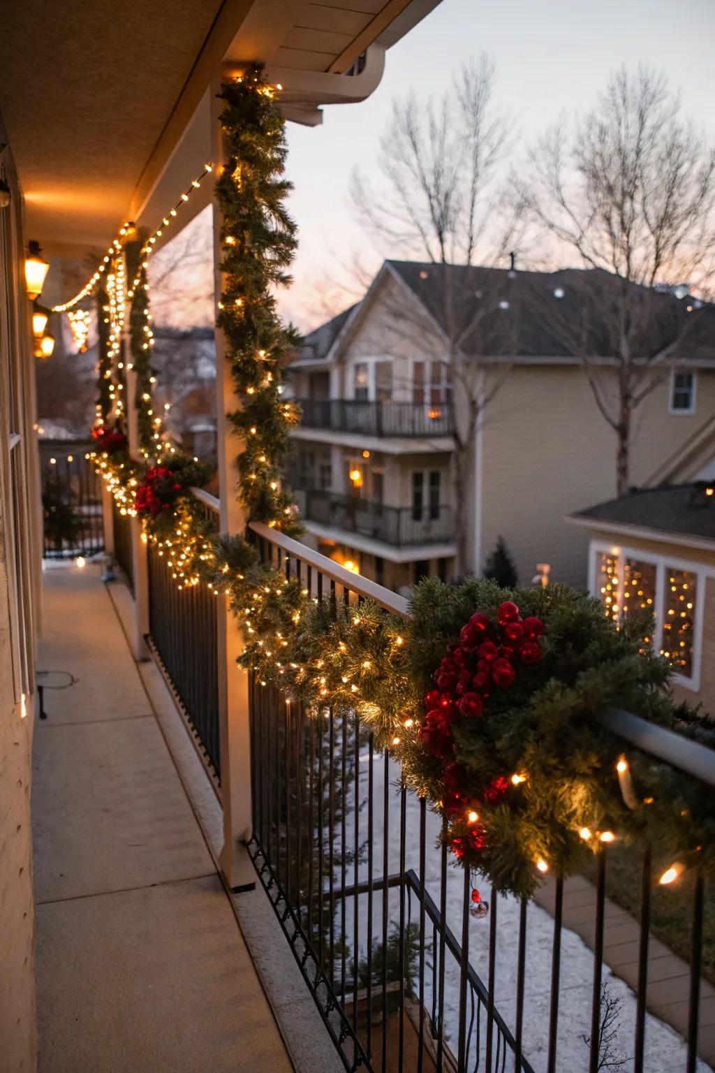Extend holiday cheer to your balcony with festive garlands.