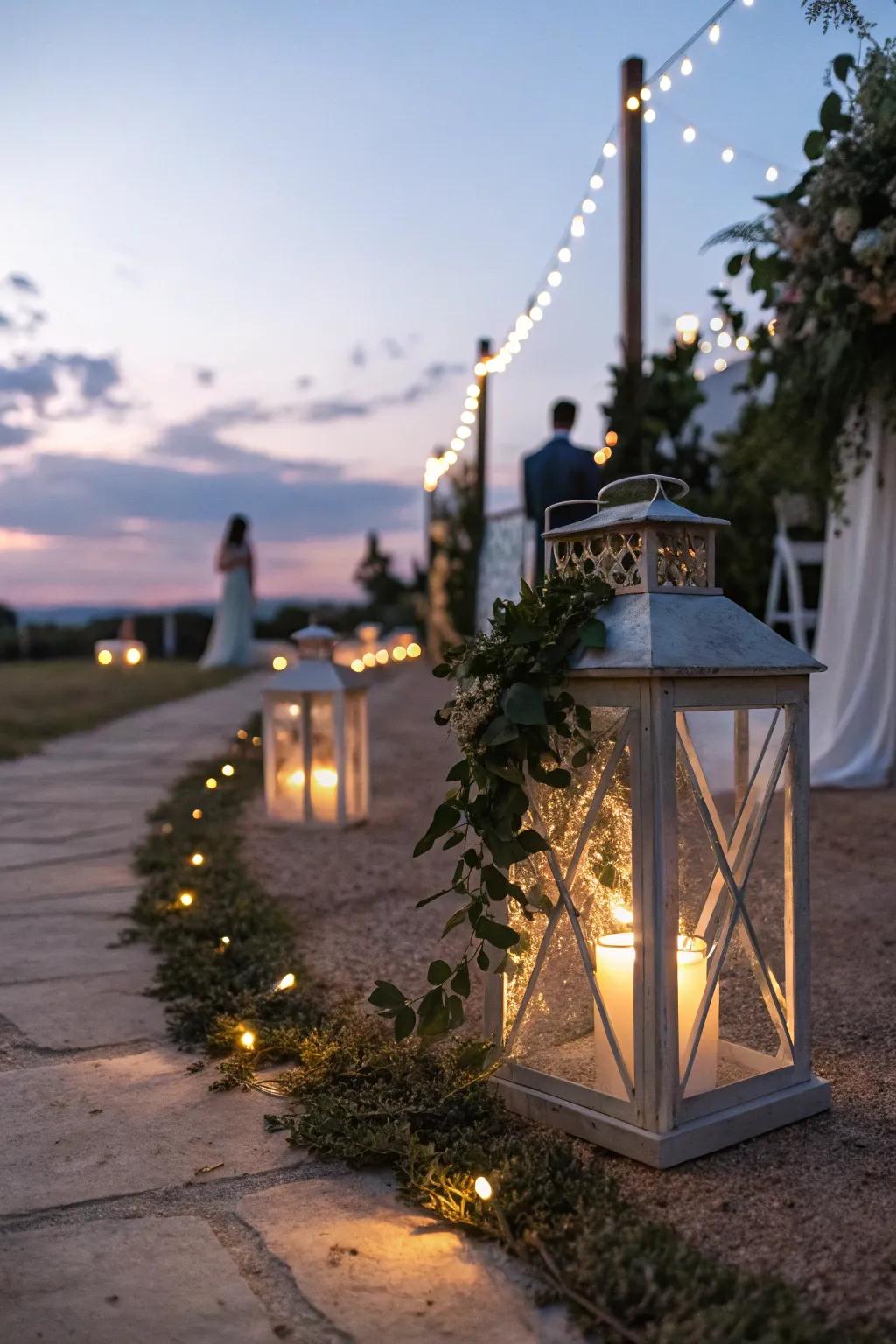 Brighten your garden with charming garland-wrapped lanterns.