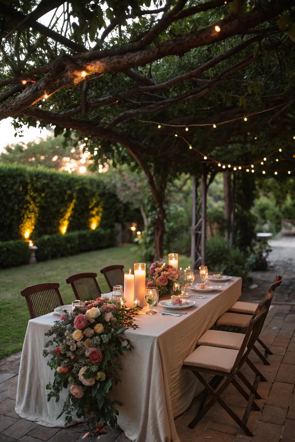 Set the scene for festive outdoor dining with a garland centerpiece.