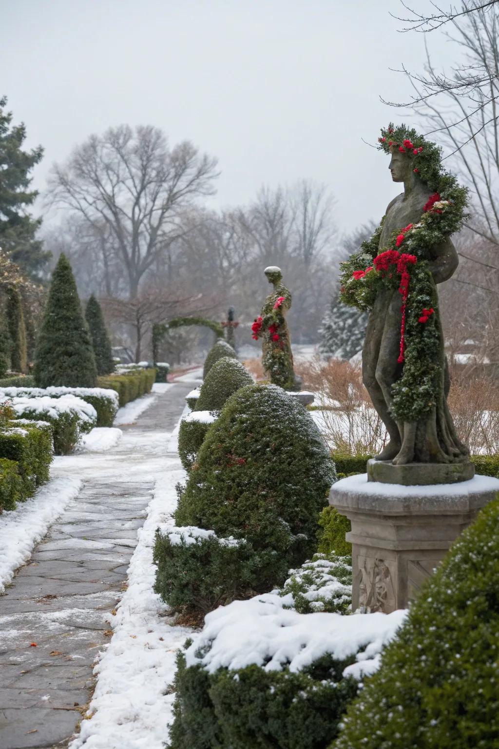 Add a whimsical touch to your garden with garland-wrapped statues.
