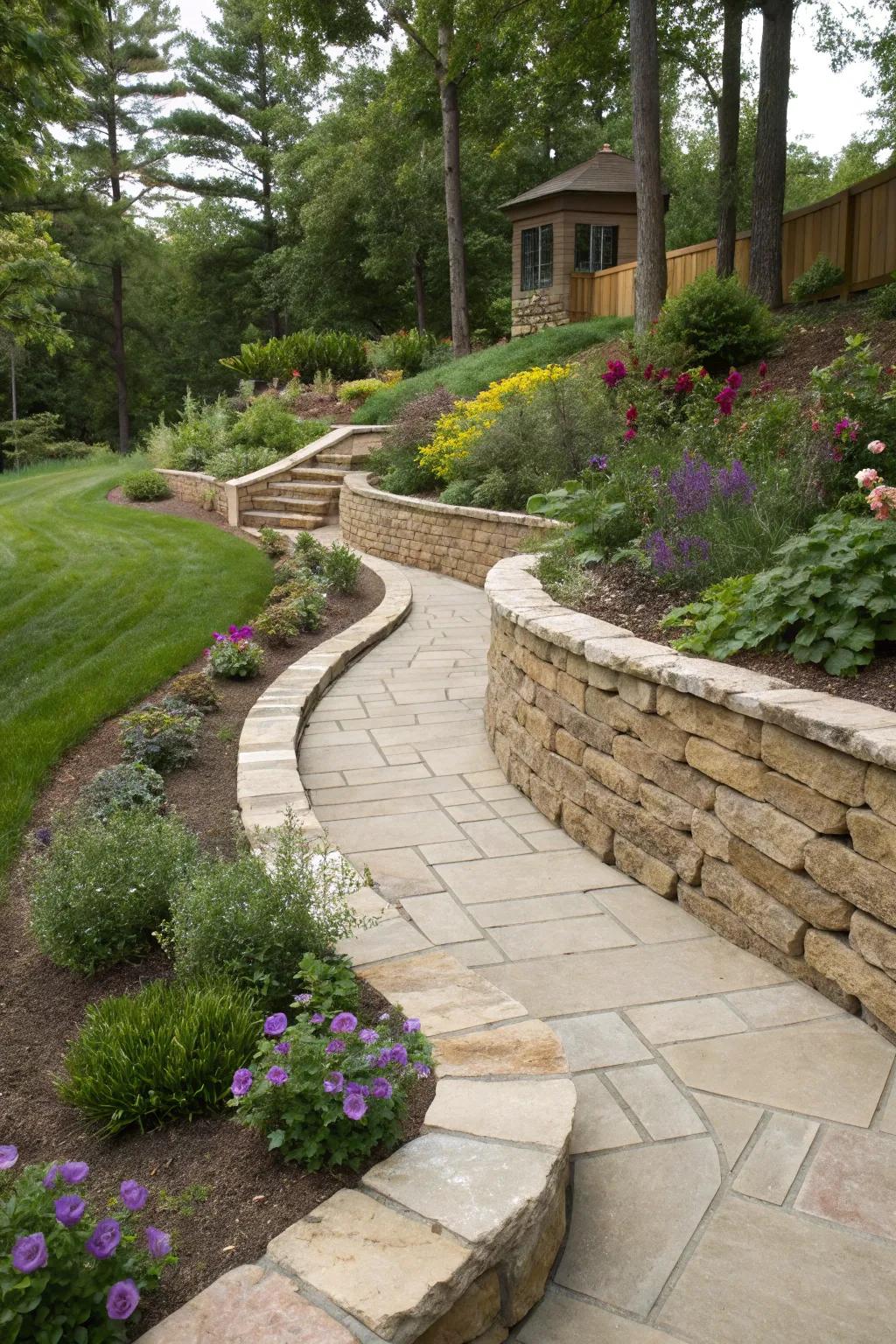 Curved retaining walls add a dynamic touch to your outdoor space.