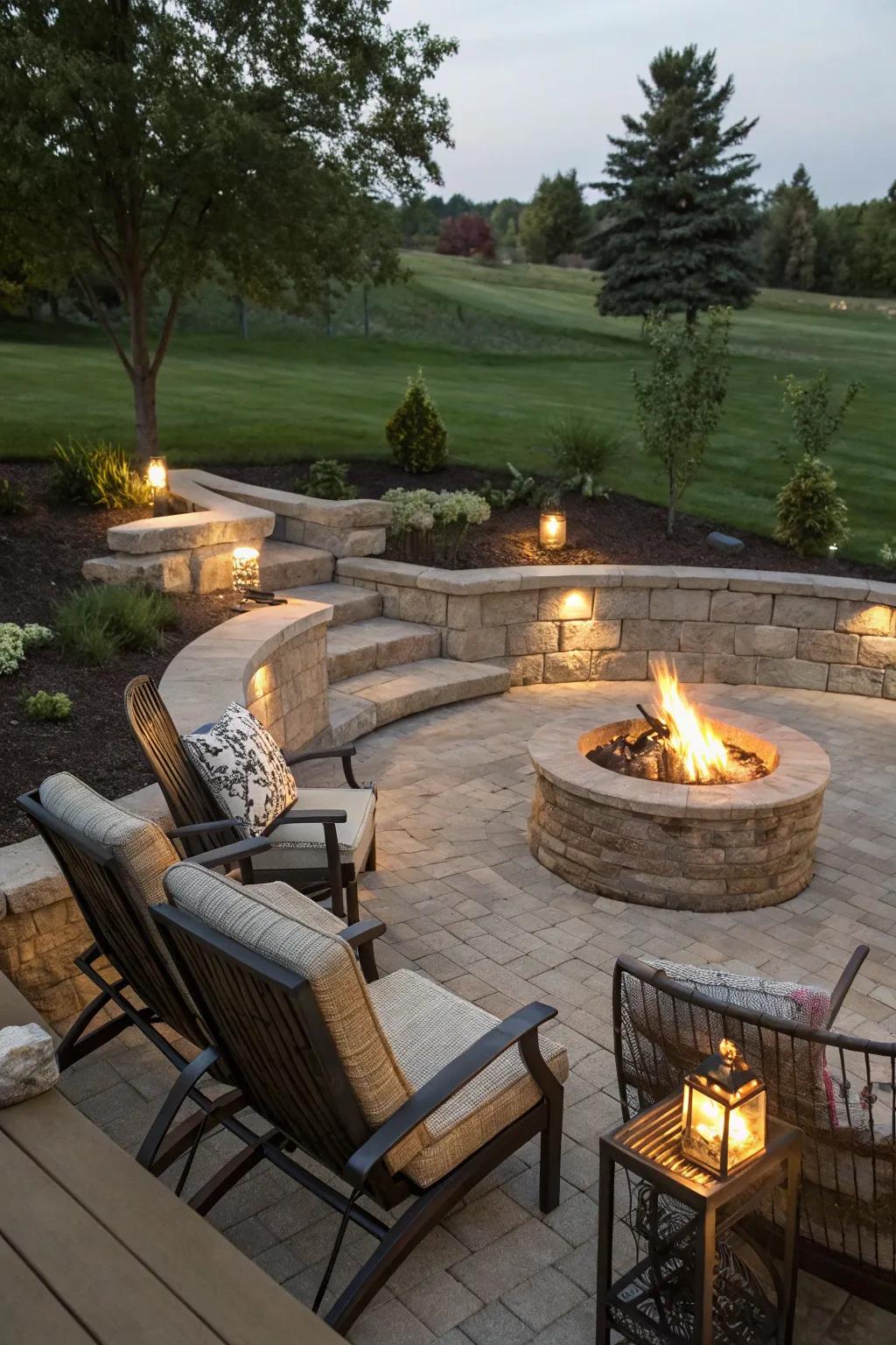 A fire pit area creates a warm gathering spot.