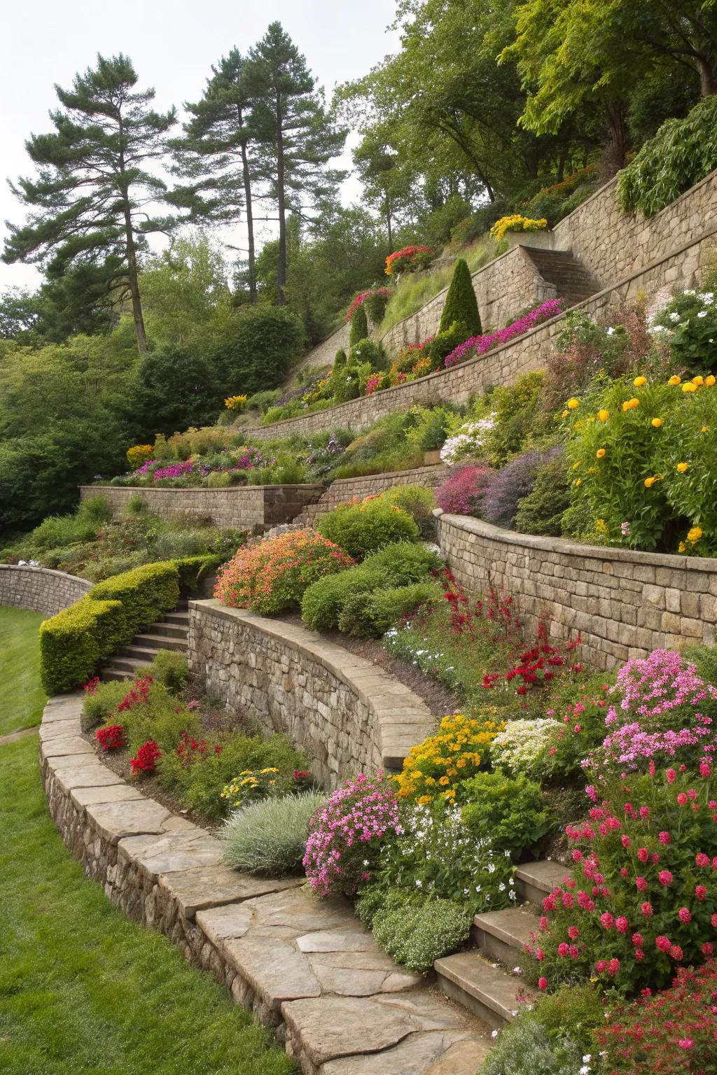Terraced retaining walls create beautiful layers in your garden.