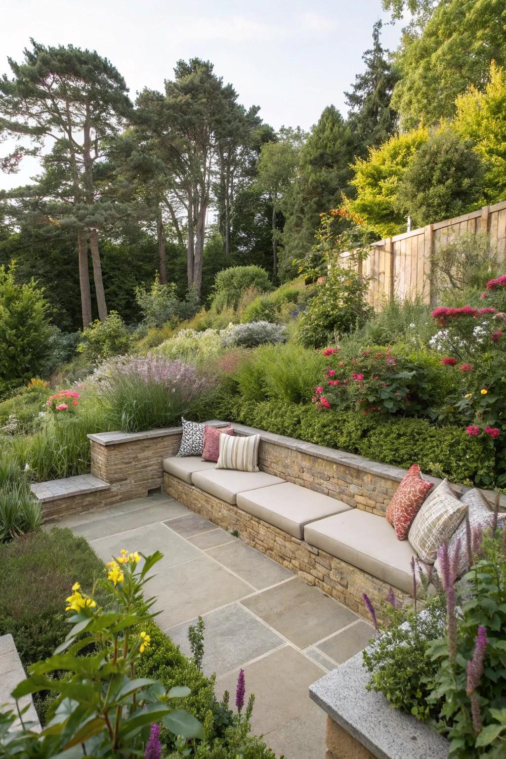 Built-in seating offers a practical outdoor solution.