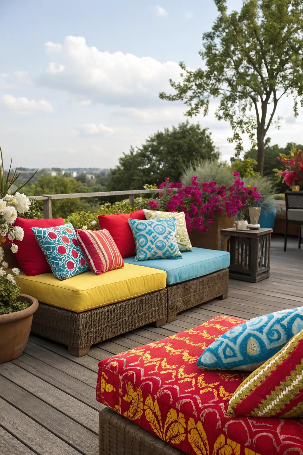 Colorful cushions bring life to this cozy patio area.
