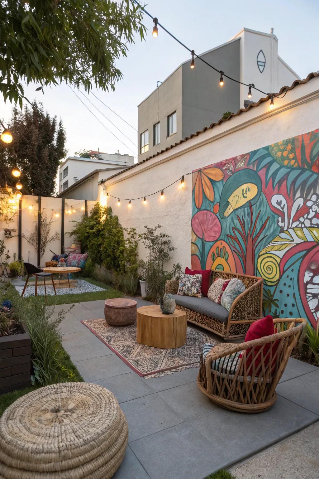 Art pieces reflect personality and add whimsy to this patio.
