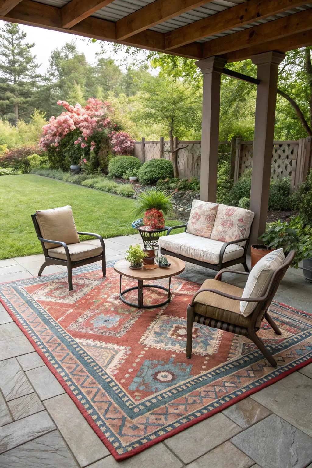 Outdoor rugs define spaces and add comfort to patios.