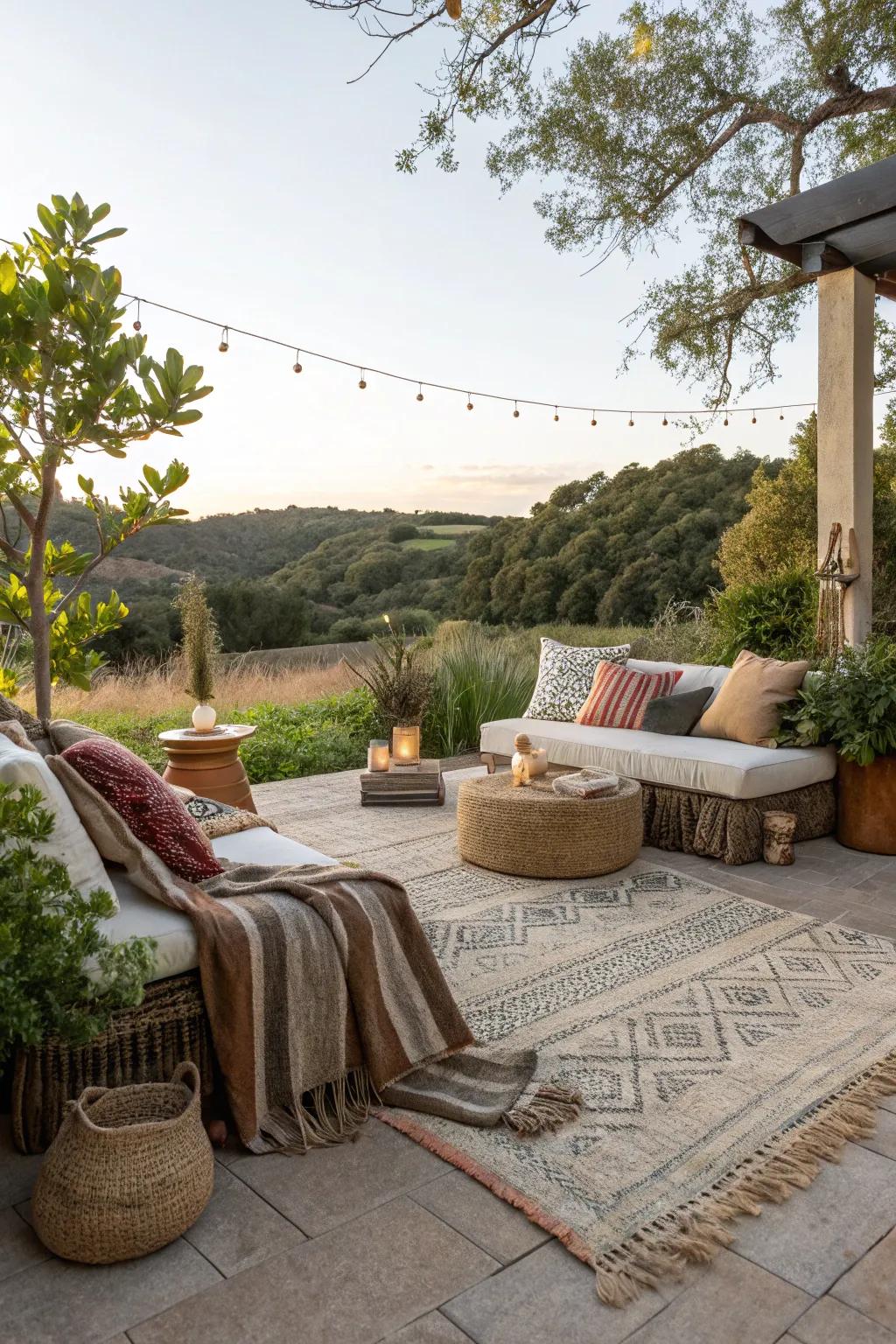 Layered textures bring warmth to this inviting patio.