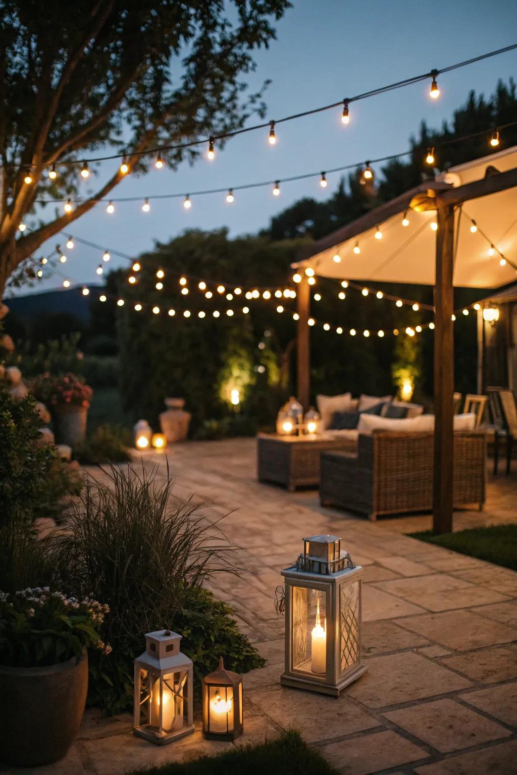 Lighting transforms the ambiance of this patio.