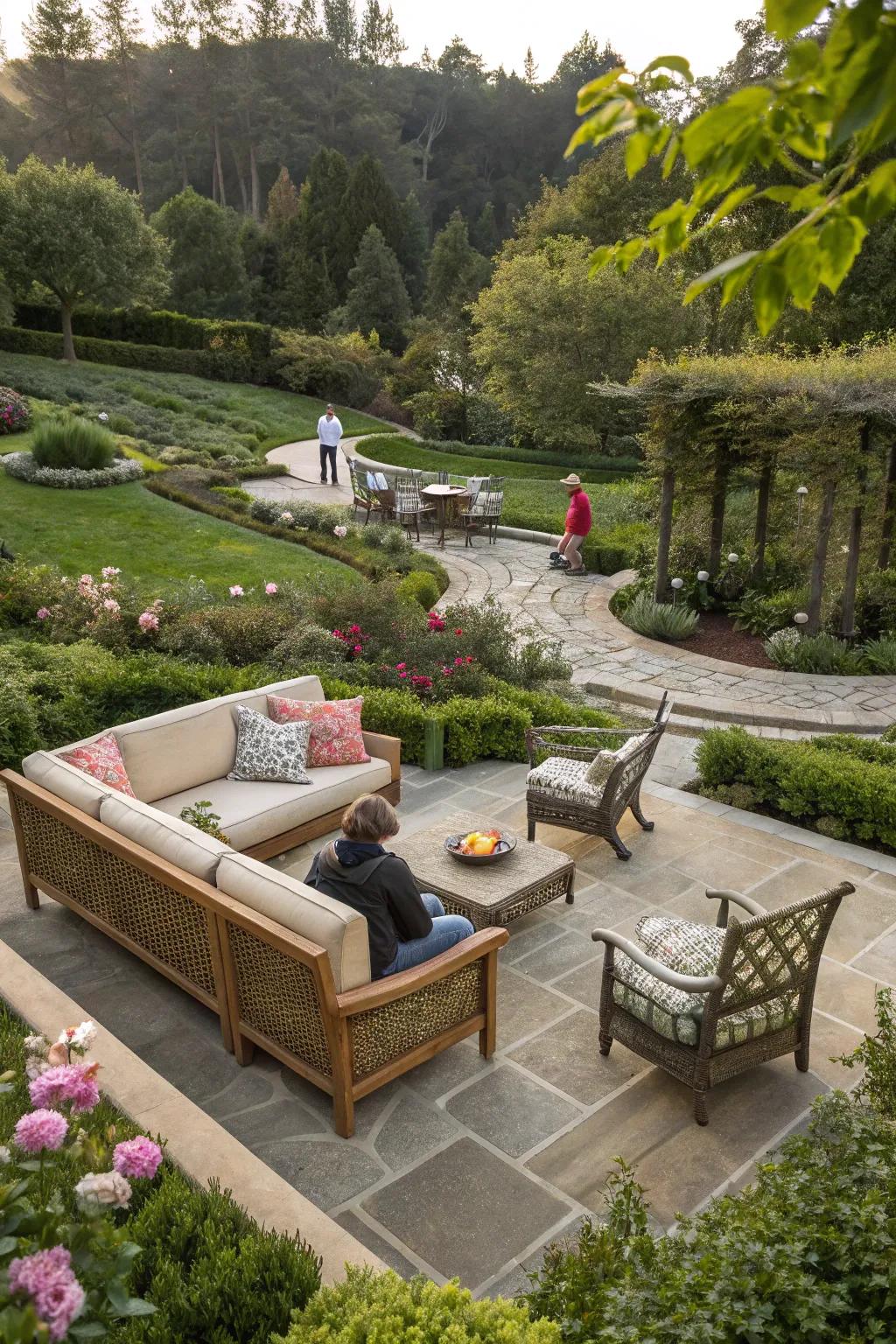 Layered seating arrangements offer versatility and charm.