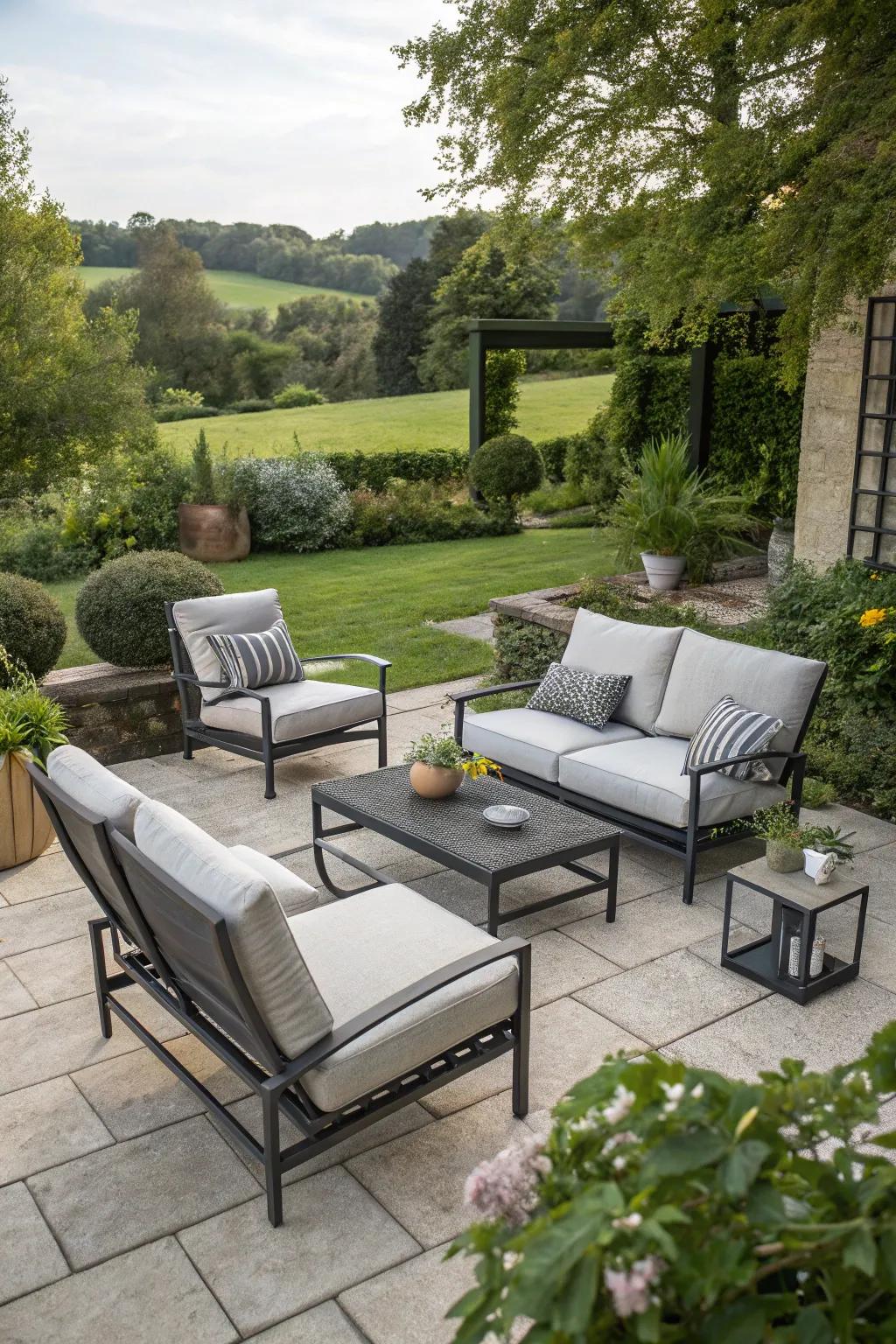 Flexible furniture allows for easy rearrangement on this patio.
