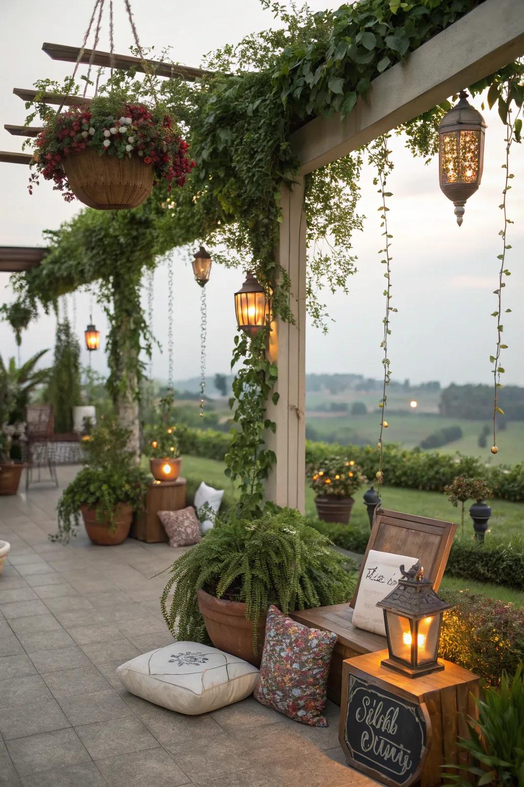 Personal touches with plants and lanterns make this patio unique.