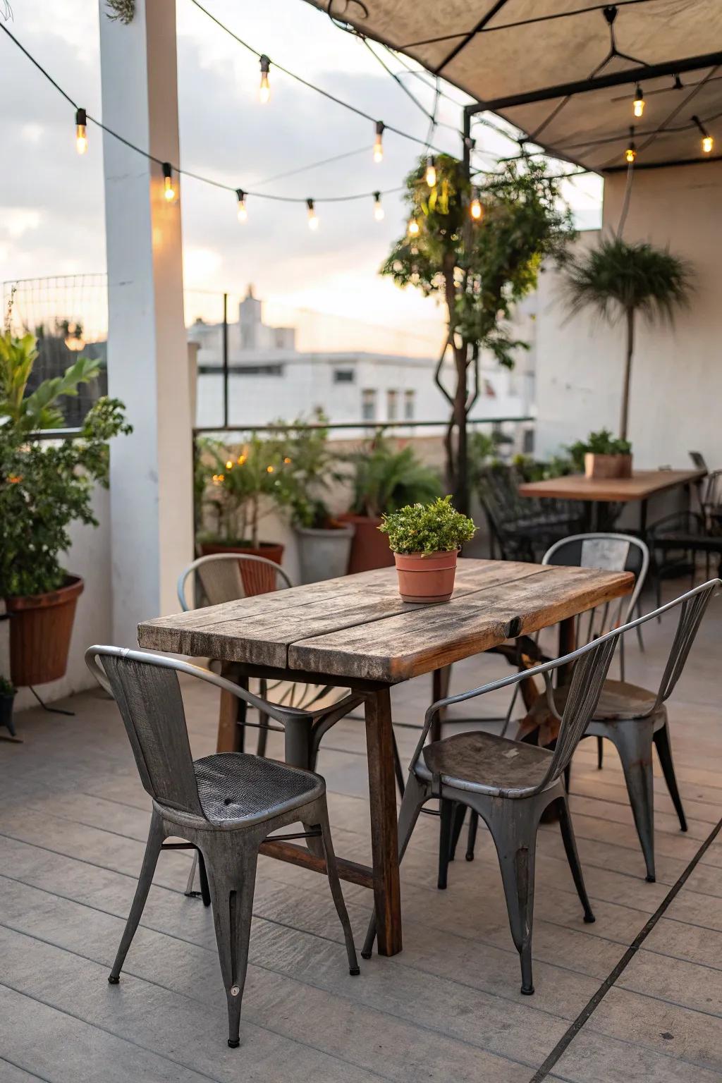 A perfect blend of modern and rustic styles on a patio.