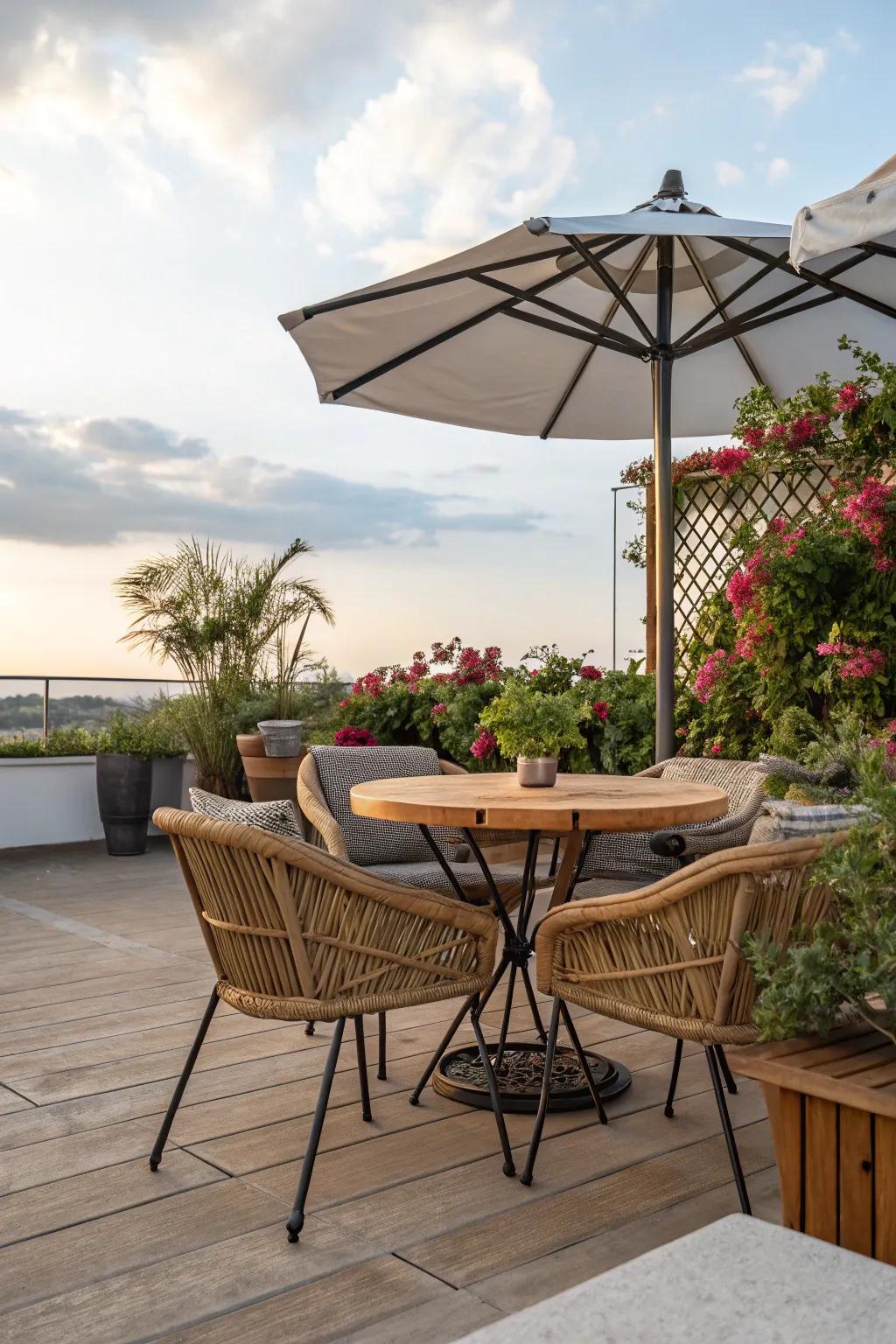 Diverse materials create texture and interest on a patio.