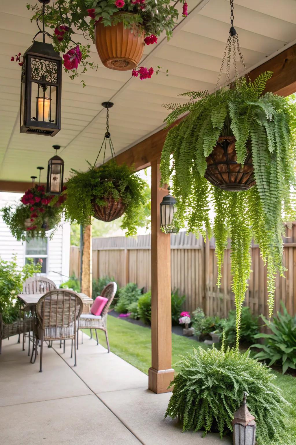 Vertical space is utilized with hanging plants and decor.