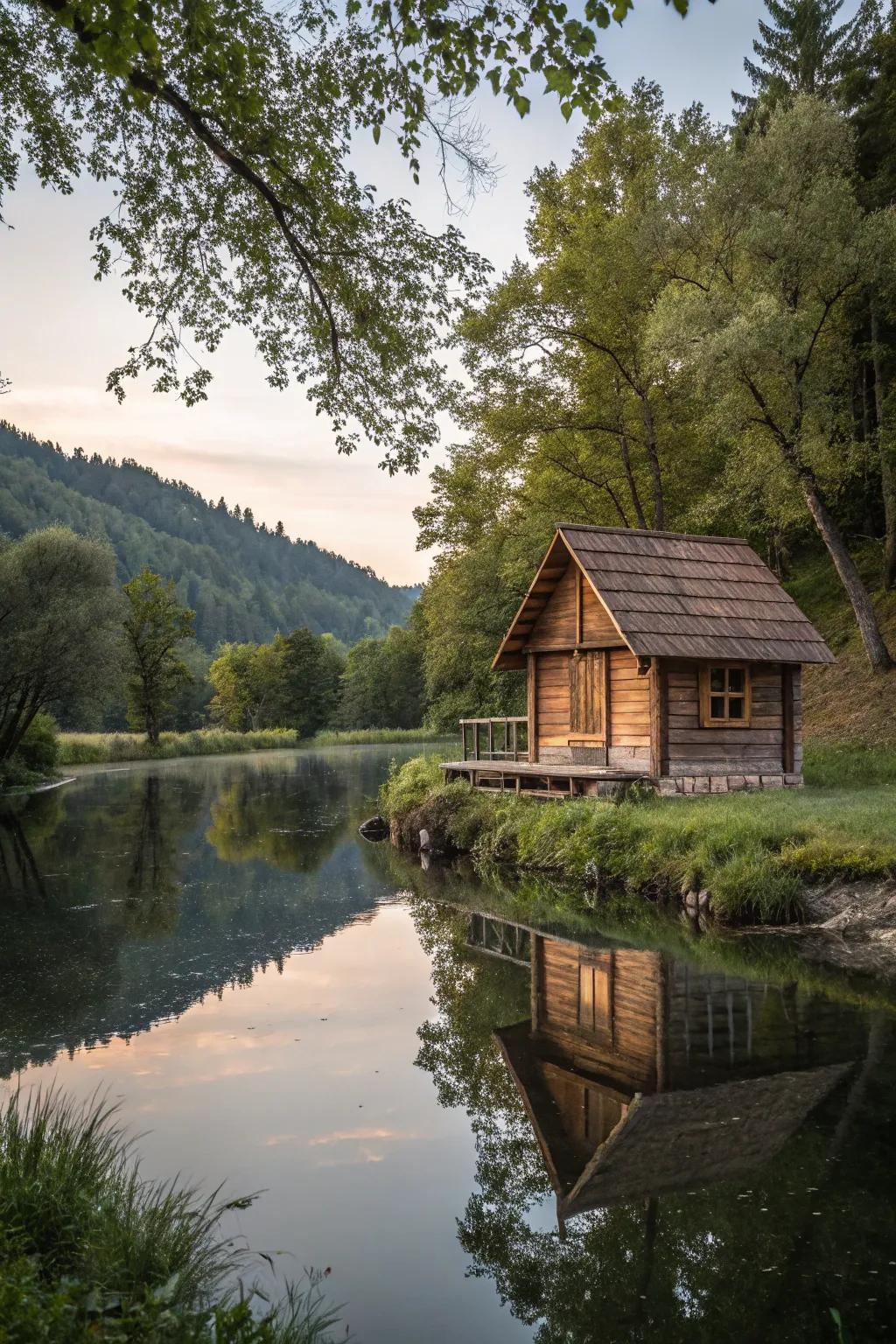A cabin that becomes one with its riverside environment.