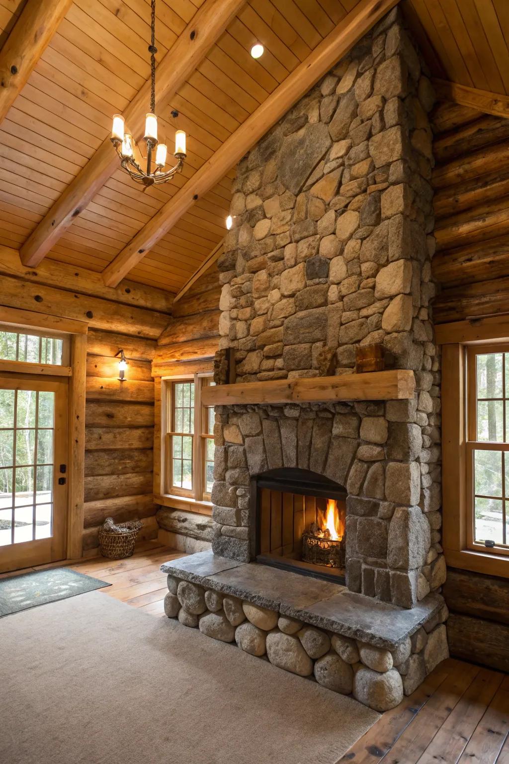 Rustic charm with natural stone and log details.