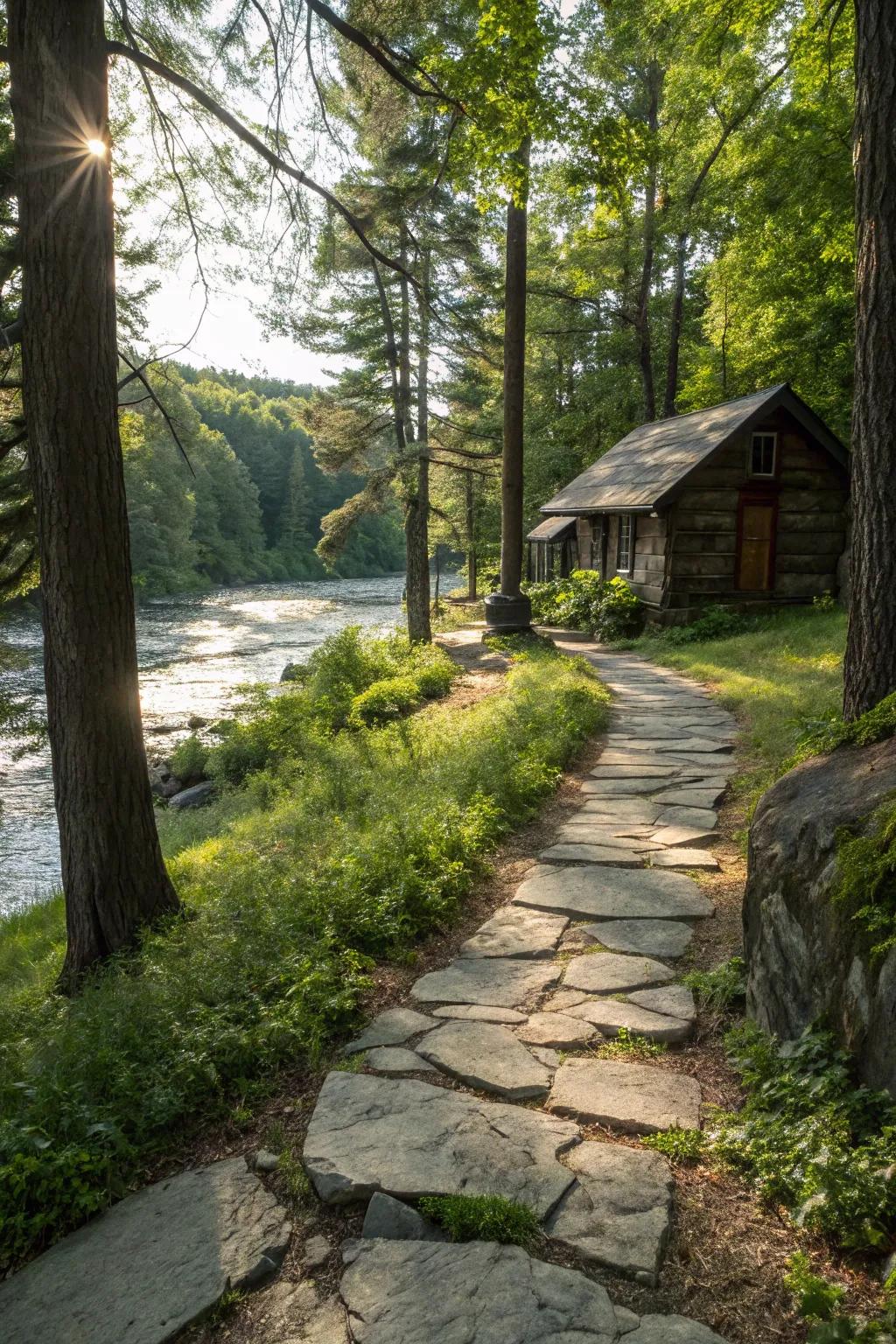 Stone pathways that connect the cabin to nature.