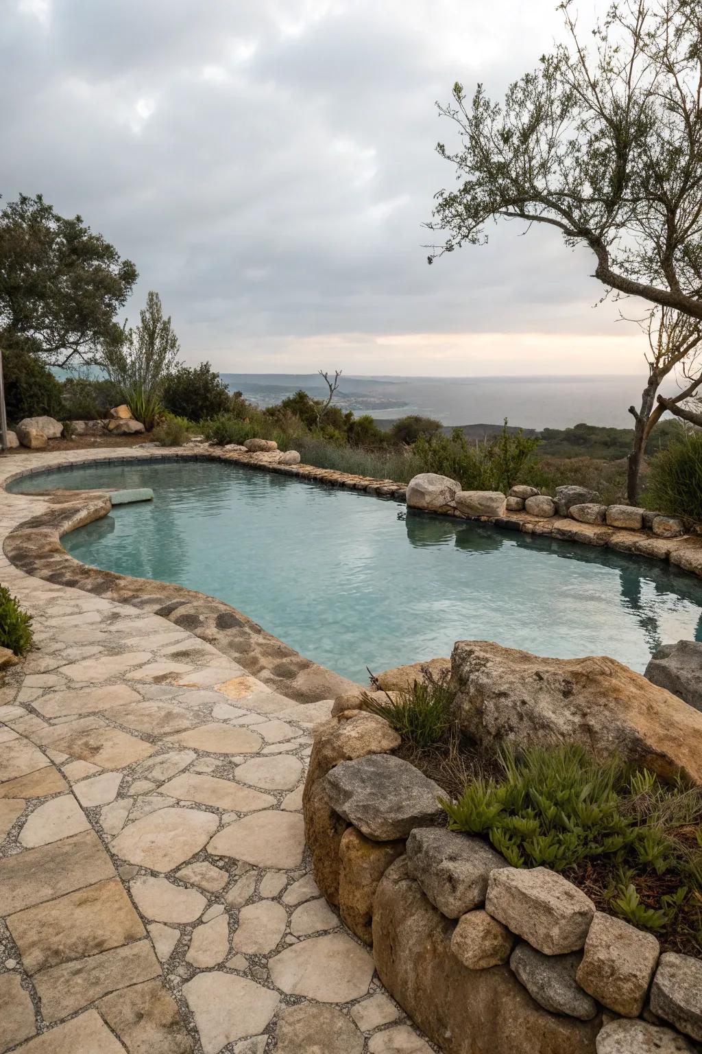 Rustic rock features creating a natural look around the pool.